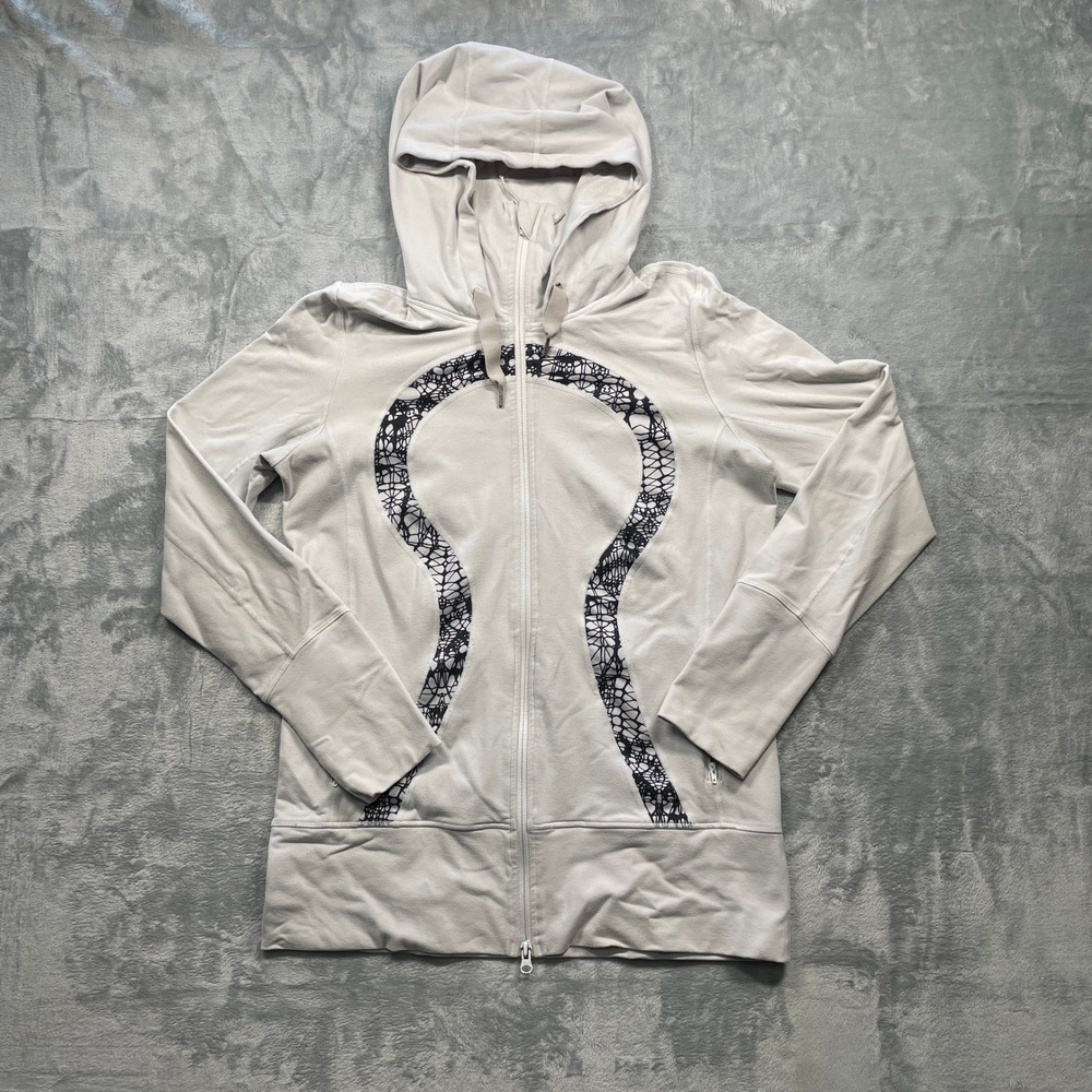 Lululemon‎ Stride II Scuba Full Zip Hoodie Thumbholes Light Gray Black Womens M